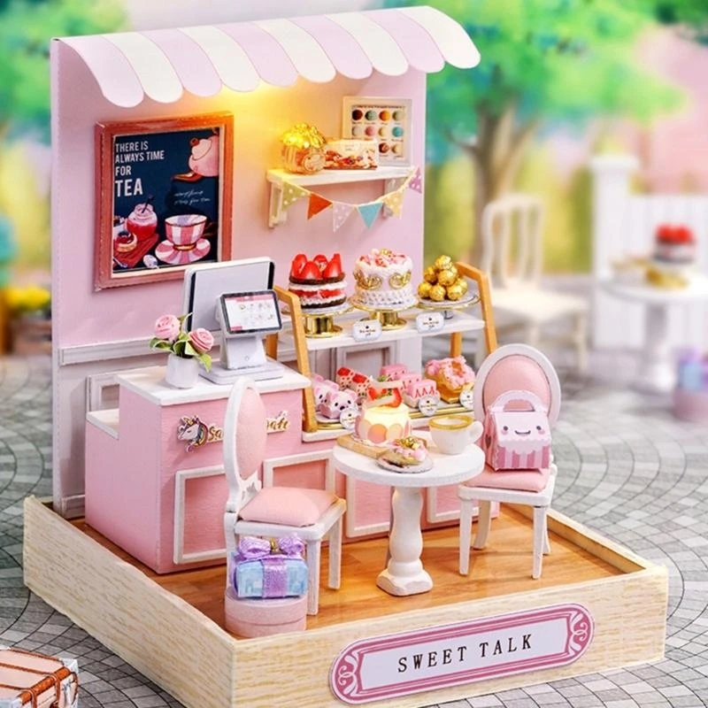 modello mini casa per case delle bambole in miniatura fai-da-te con mobili e luci a LED 15UB