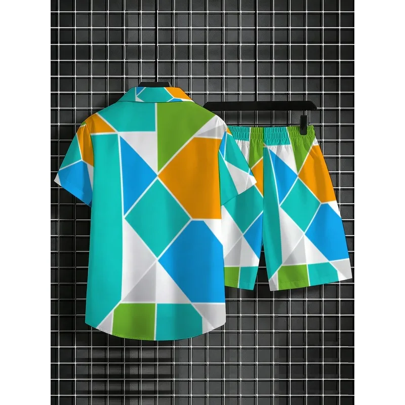 Men's Colorful Geometric Print Short Sleeve Shirt and Shorts Set，Lightweight polyester beachwear，Suitable for casual outings，Vi view 4