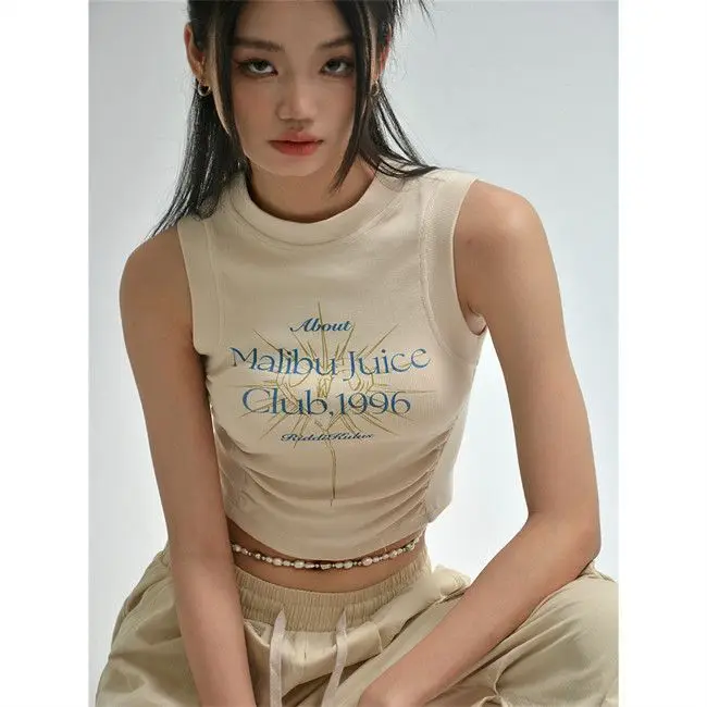 Fashion Y2k Crop Top Women Sleeveless Sexy Top Tees Vintage Letter Print T Shirt Shirring Half Turtleneck Pullover 2023 Korean