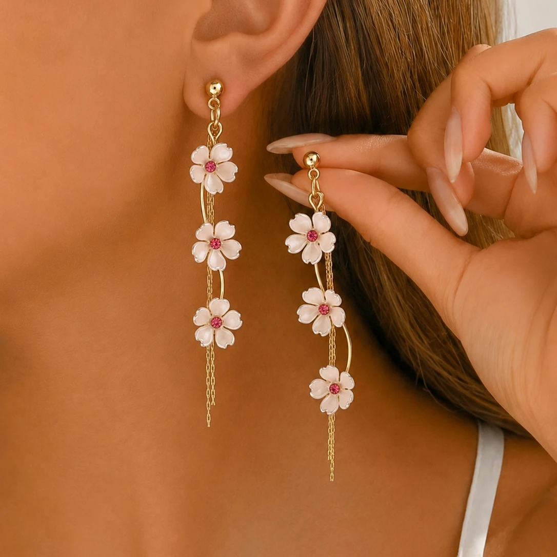 Modische Damen-Ohrringe mit Kunstharzblumen, Strass und Quasten, Lange Hängeohrringe für Hochzeiten, Partys, Schmuck-Accessoires und Geschenke