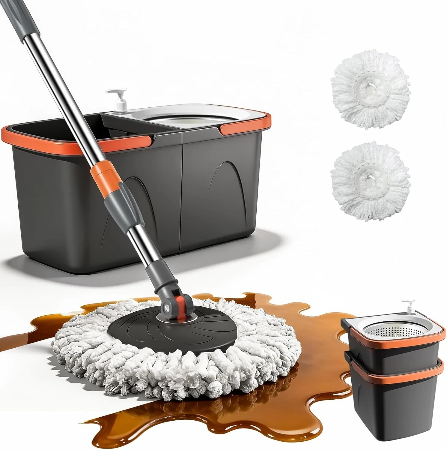 

Foldable Spin Mop and Bucket System, Dual-Bucket Cleaning, 2 Reusable Microfiber Mop Heads for Floor Cleaning