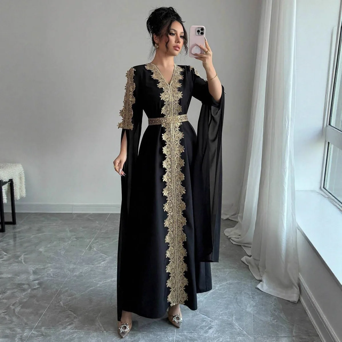 

Ид женское праздничное платье Абая с разрезом и длинным рукавом мусульманское Джалабия Рамадан однотонное платье Vestidos Largos с v-образным вырезом арабский длинный халат 2026