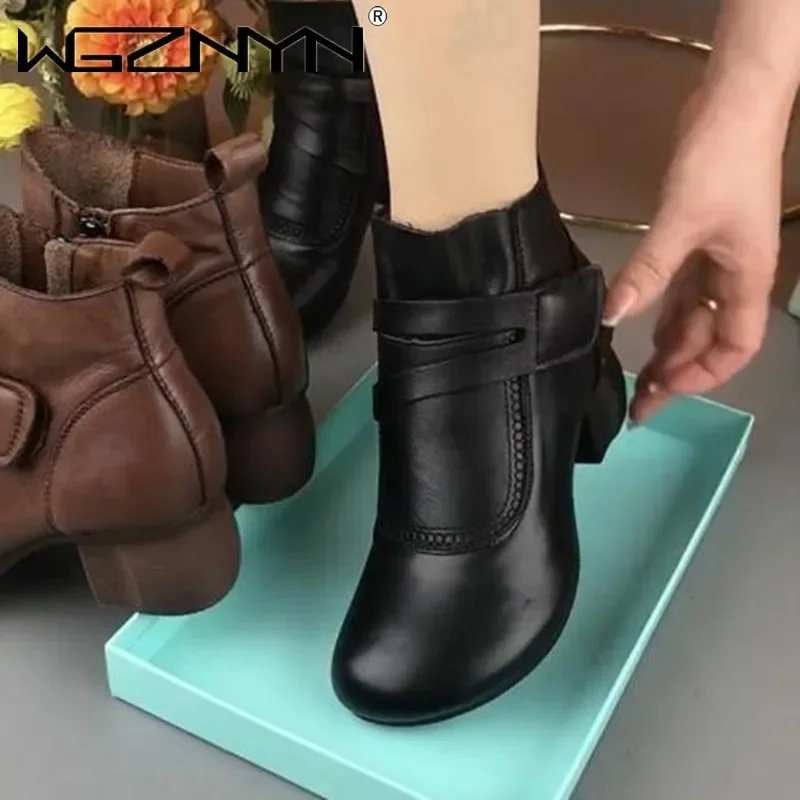 Neue Mode Riemchens tiefel Frau Winter 2024 Schuhe für Frauen Herbst Leder Stiefeletten Hakens ch laufe Stiefeletten Damen grün Retro Schuh