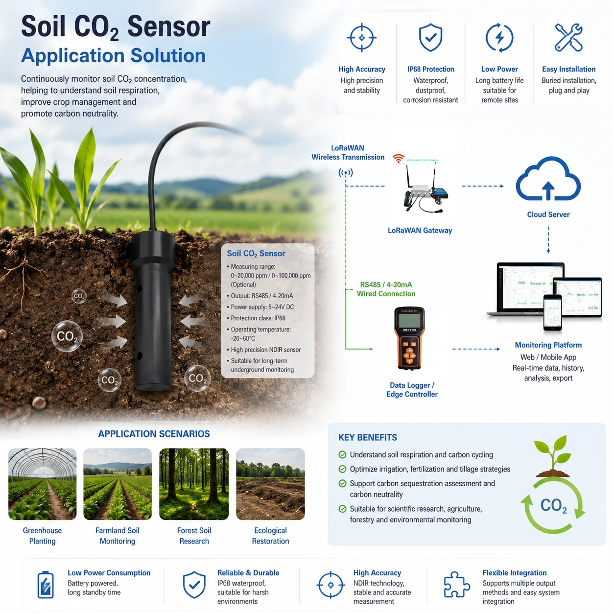 LORAWAN RS485 4-20MA HIGH PRECISE SMART ANTICORROSION SOIL CARBON DIOXIDE TESTER SOIL CO2 SENSOR for AGRICULTURE GREENHOUSE