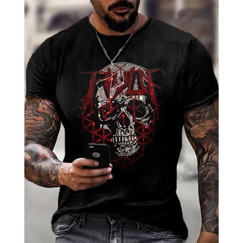 New High Quality Fashion Men's Clothing Oversized Tee y2k Skull Rhinestone Designer Short Sleeve Tops Home Casual Street t-shirt