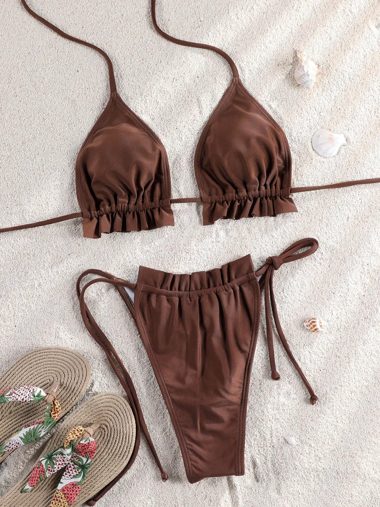 Rinabe Solid Color Bikinis 2025 Swimsuits For Women Pleated Biquini Push Up Sexy Swimwear Bandage Bathing Suit Summer Beachwear