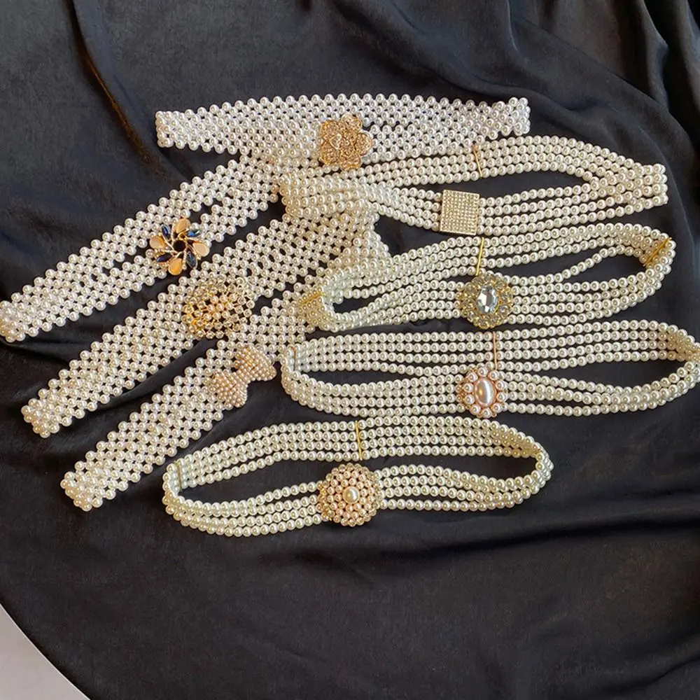 New White Imitation Pearl Faux Pearl Belt Metal Polyester Elastic Belt All-match Elastic Waist Chain For Women