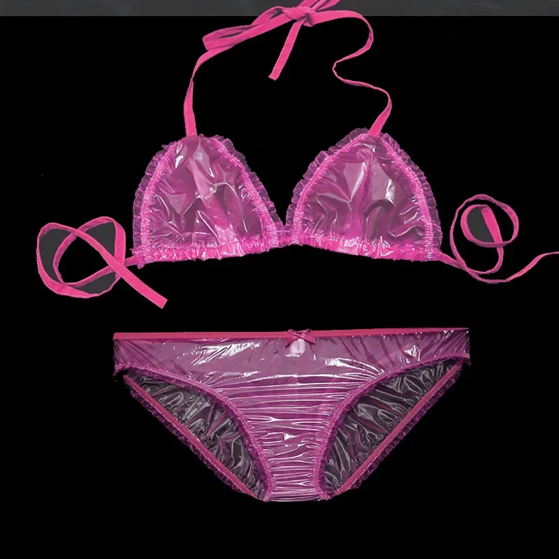 Lady Sexy PVC Lingеrie Set Seduction Transparent Thin Soft Bikini Waterproof Lace Plastic Briefs Lingеrie Set Fetish Underwear