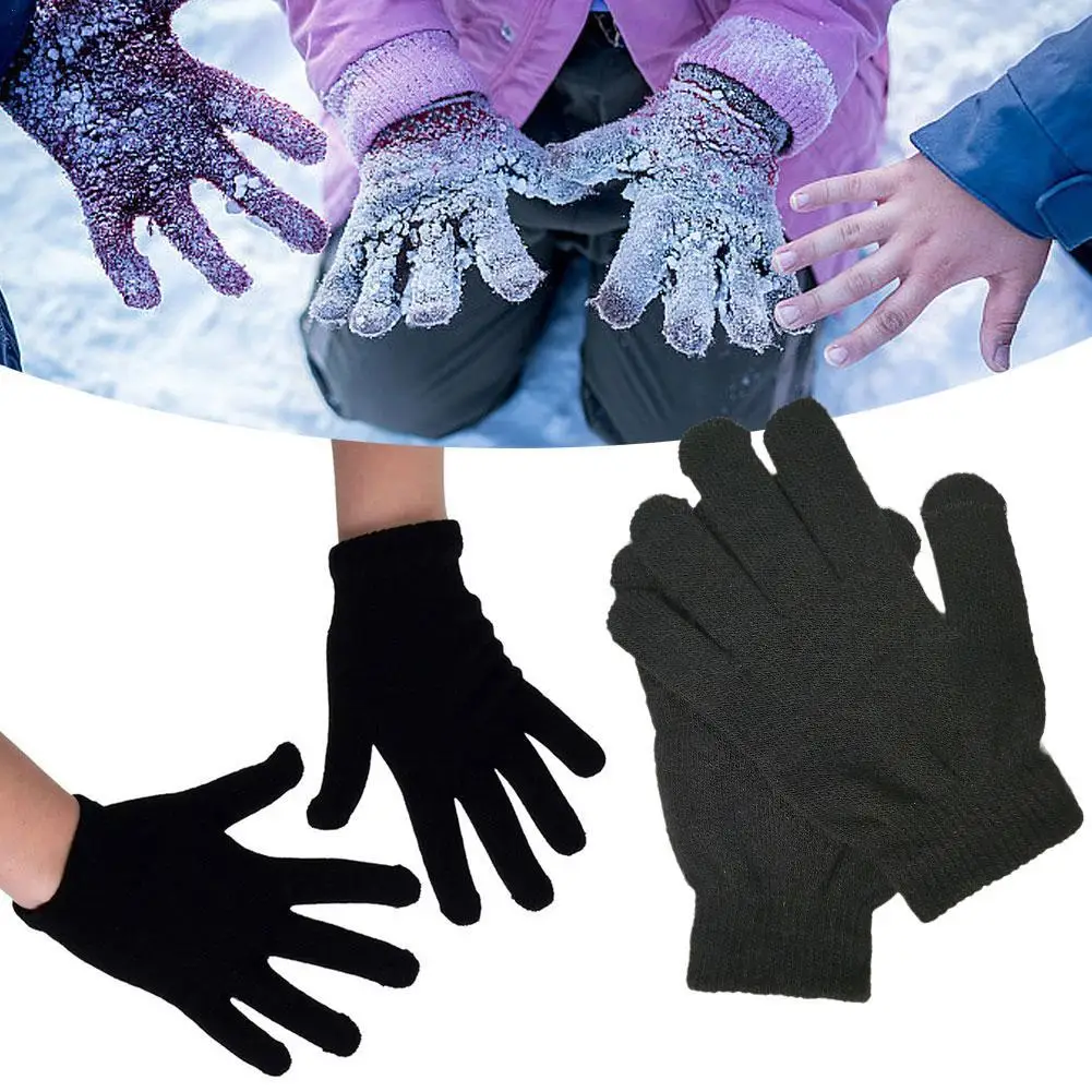 Kid's Gloves Winter Anti Freeze Hand Anti Cold Warm Knitted Fabric Black Full Finger Mittens Warm Thick Men Women Gloves