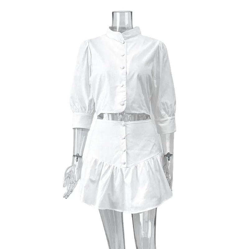 

Summer Pure Cotton White Lantern Sleeve Shirt Short Skirt Two-piece Casual Professional Suit European American Women's Clothing