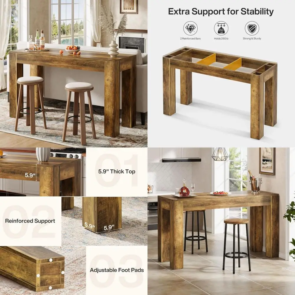 

Rustic Brown Wooden 63 High Counter Table, Sturdy 4-Leg Design for Home Bar or Dining Area