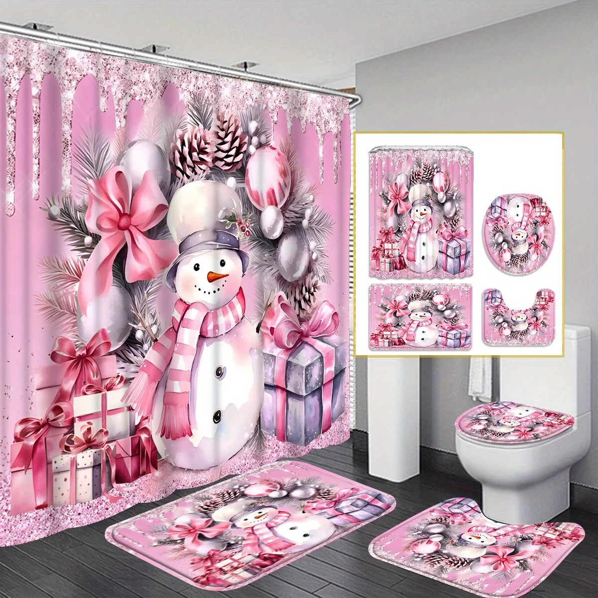 

4 шт., набор занавесок для душа «Розовый снеговик» с нескользящими ковриками и подушечками для унитаза, влажный и сухой функциональный декор для ванной комнаты на Рождество