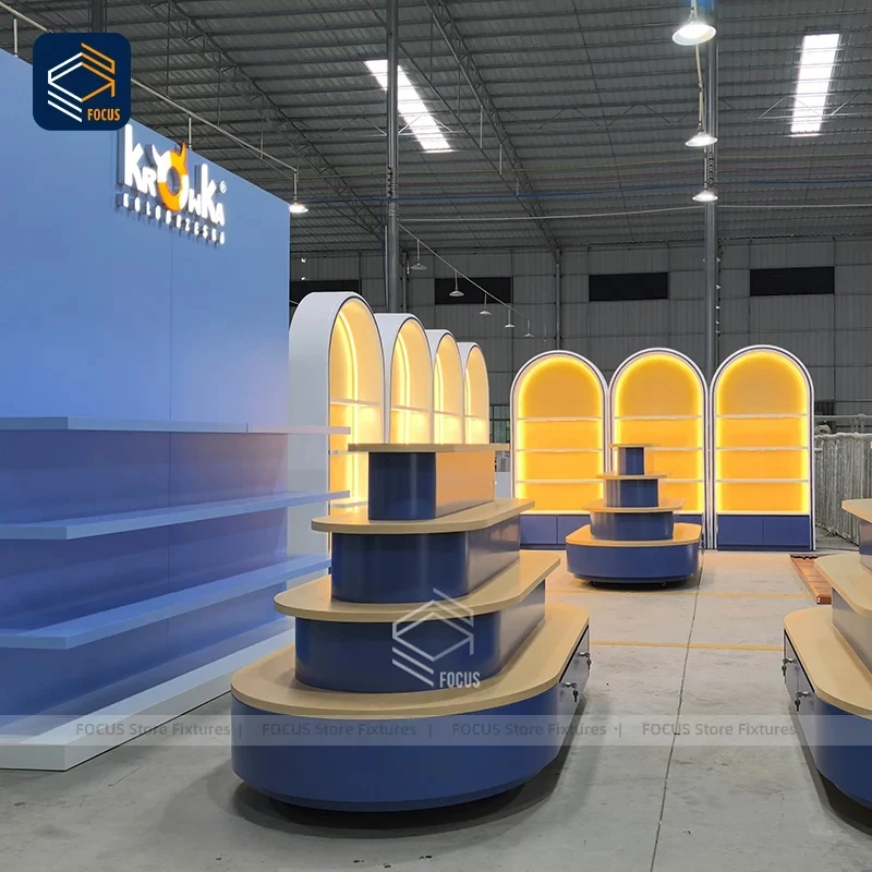 custom.Custom Wooden Multi Layer Blue Display Shelf Retail Island Display Rack Led Light Wall Cabinet