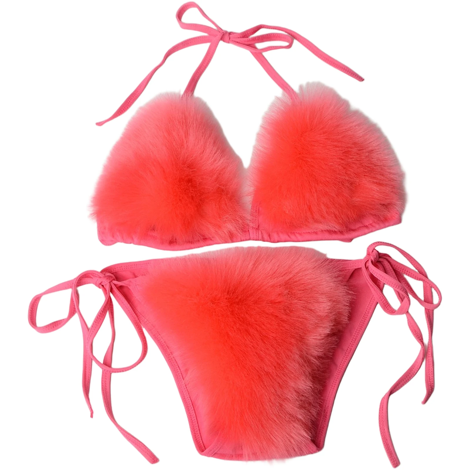 

New Womens Lingerie Set Detachable Faux Fur Part Halter Bra Top And Briefs Lace-up Bikini Bathing Suit Female Party Clubwear