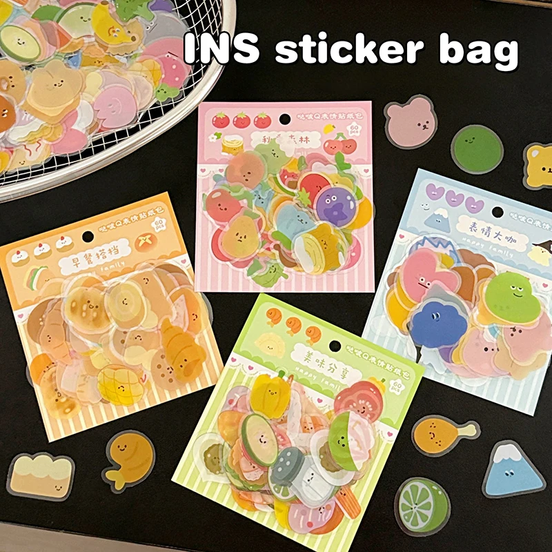 60Pcs Cute Cartoon Stickers Transparent PVC Waterproof Sticker Laptop Scrapbooking Stationery DIY Decoration Decals