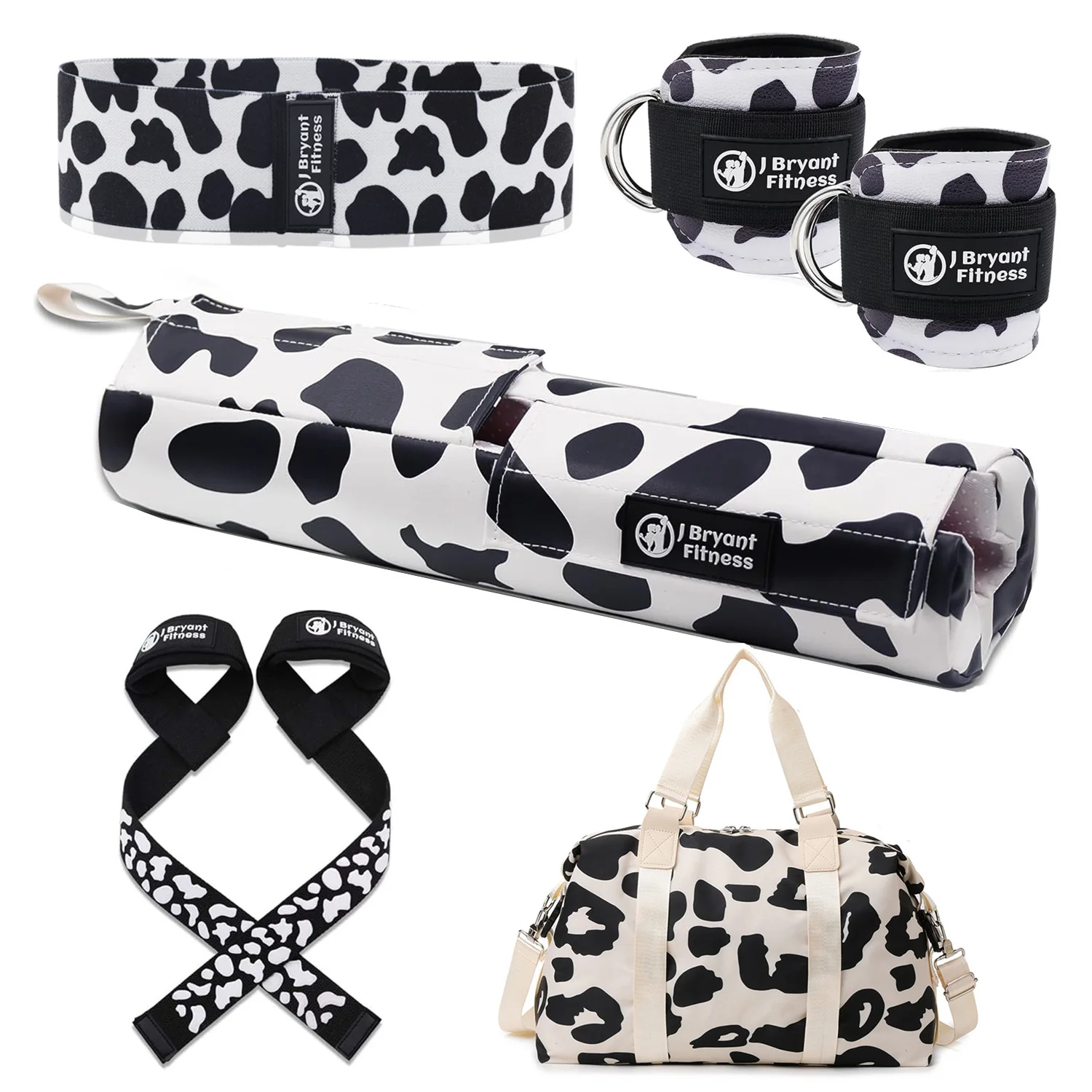 Barbell Pad Set with Cow Print, Ankle Straps for Cable Machines, Weight Lifting Straps and Hip Band for Squats Deadlifting