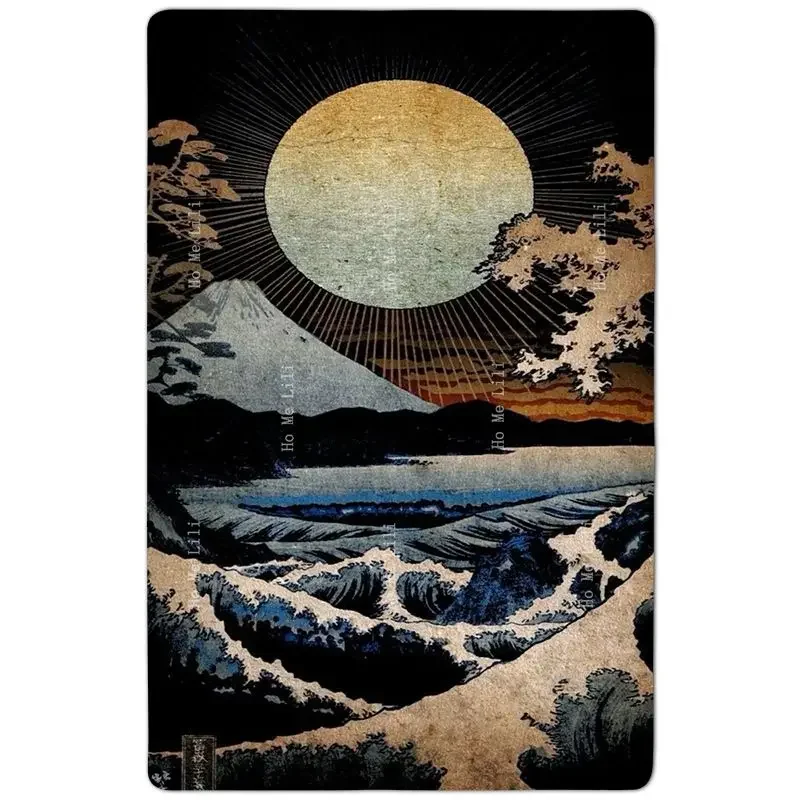 Ukiyoe Waves And Cherry Blossoms At Sunrise In Japan Non Slip Flannel Floor Rugs By Ho Me Lili