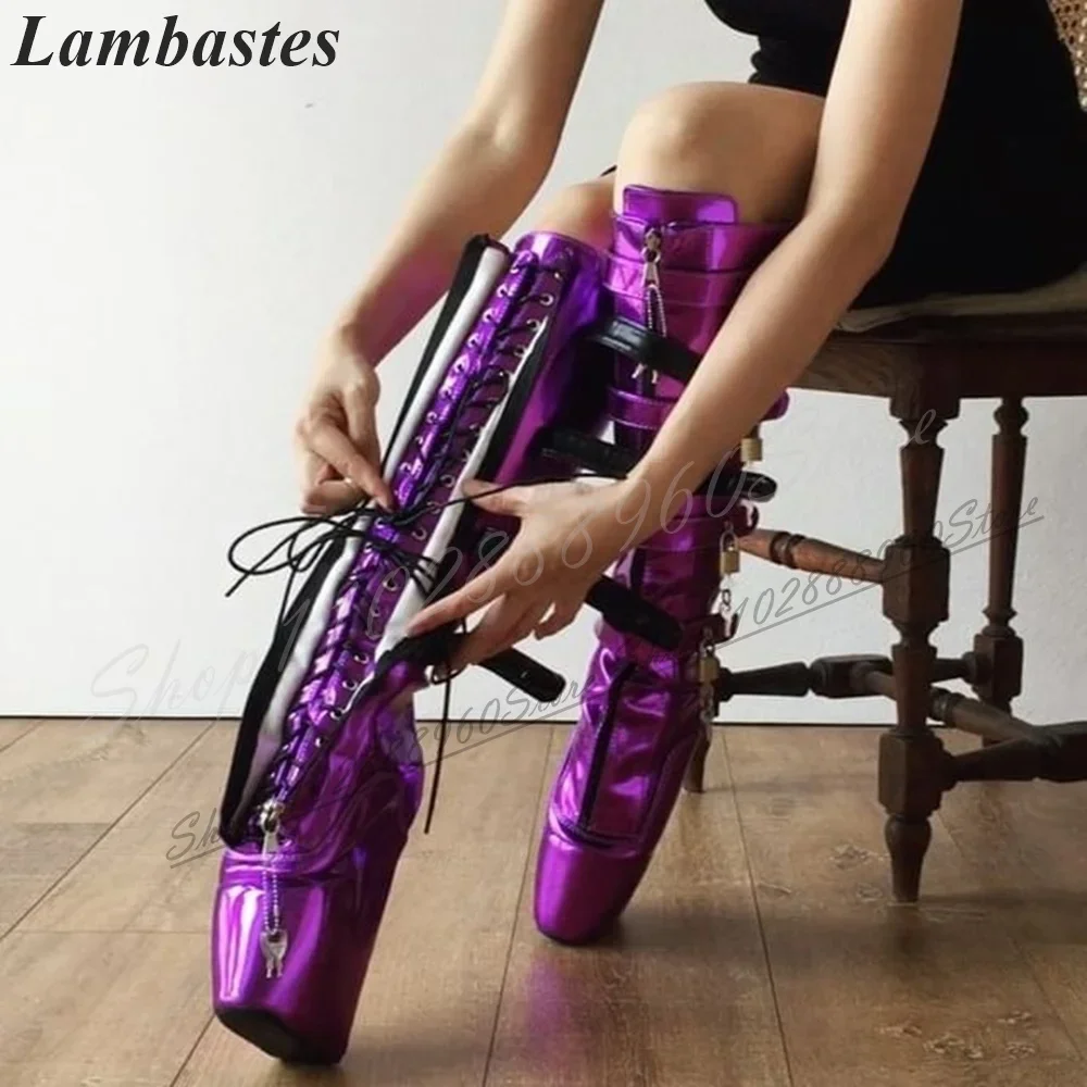 

Knee High Metallic Purple Lock Strap Boots Strange Style Heel Women Shoes Cross Tied Round Toe 2024 Fashion Zapatillas Mujer