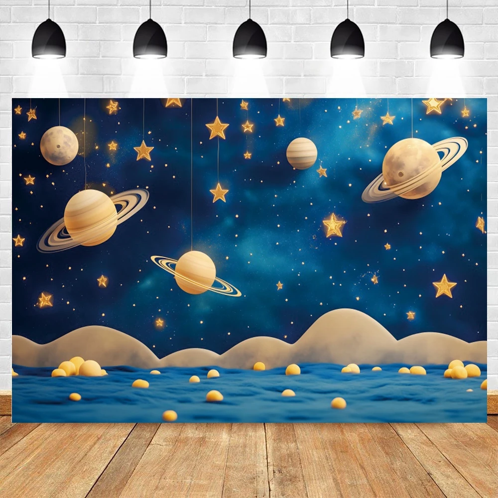 خلفية الفضاء لرائد الفضاء للتصوير الفوتوغرافي لحفلة عيد ميلاد الطفل بالون الفضاء الخارجي كوكب المجرة كعكة سحق صورة خلفية ديكور