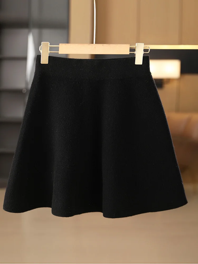 

Spring Autumn Women's Wool Short Skirt 100% Merino Wool Knitted Hotsweet Preppy Style Soft A-line High Waist Sweet Mini Skirt