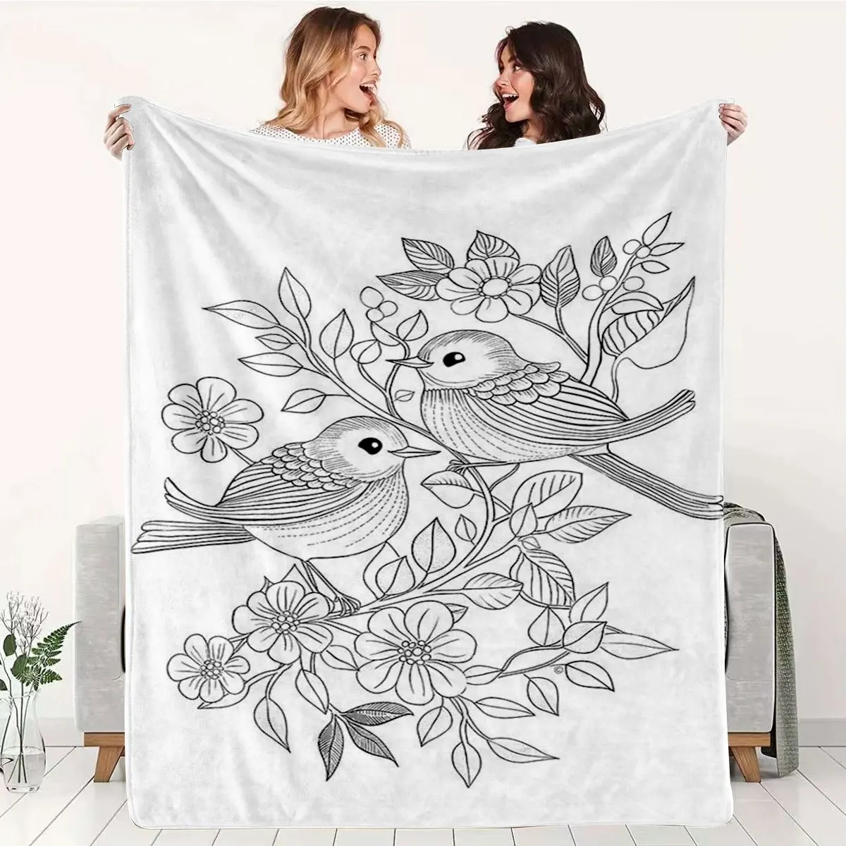Black Line Sketch Two Little Birds Flower Branch Print Blanket Light Flannel Throw For Couch Office,Minimal Sketch Daily Blanket