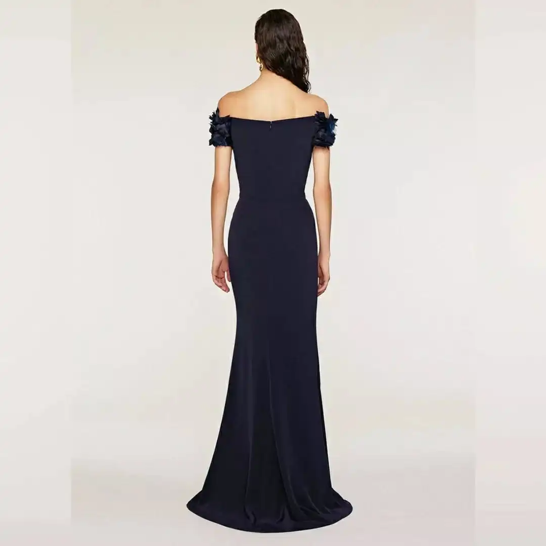 فستان سهرة بحورية البحر مكشوف الكتفين مع زهور ثلاثية الأبعاد فساتين رسمية بدون حمالات للنساء أنيقة باللون الأزرق من الجيرسيه Pr #2