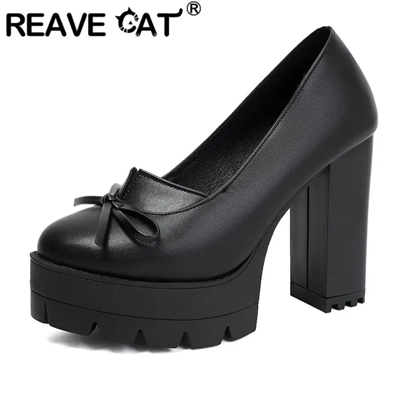 

Туфли-лодочки REAVE CAT черные женские, с круглым носком, на массивном каблуке 11 см, платформа 3,5 см, без застежки, с бантом, большие размеры 44, 45, 46, сексуальные туфли для свиданий