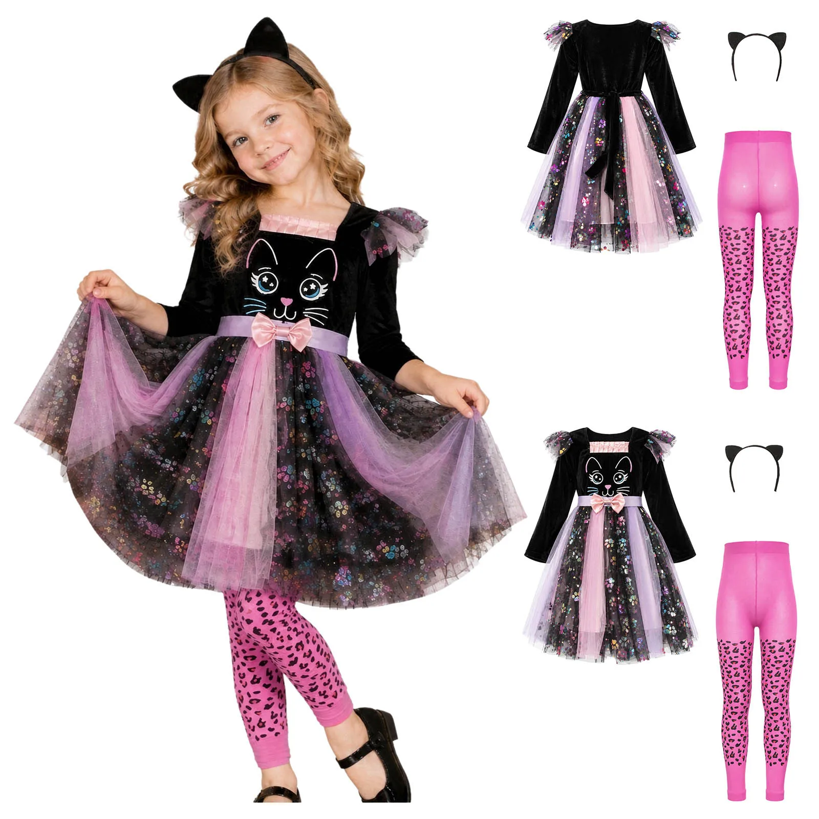 Disfraz de gato para niñas, ideal para Halloween, con conjunto de cosplay, vestido de tul con mangas largas, lazo y cola de imitación, y diadema. Incluye medias con estampado de leopardo.