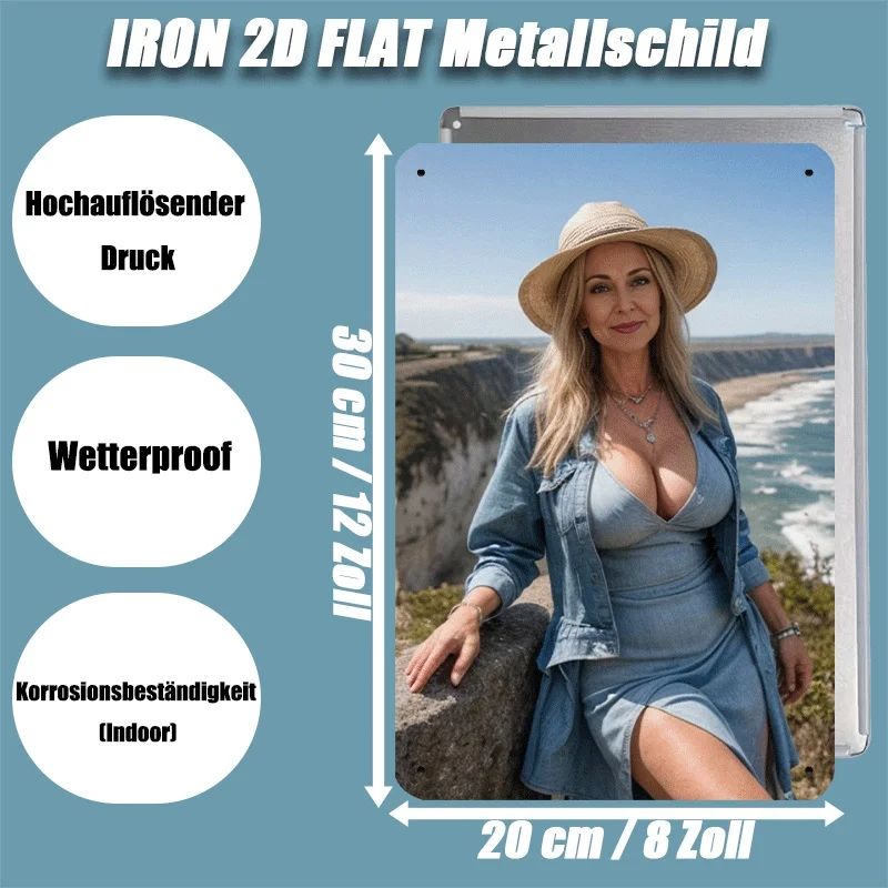 Vintage Metal Wall Art 8x12 Inch Seaside Cliff Painting Elegant Woman Portrait Home Decor Iron Sign