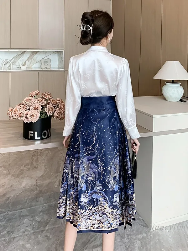 Daily Commuting Horse-Face Skirt Suit Women\'s 2024 Spring and Summer Outfits Two Piece Set New Chinese Style Blouse Hanfu Skirt