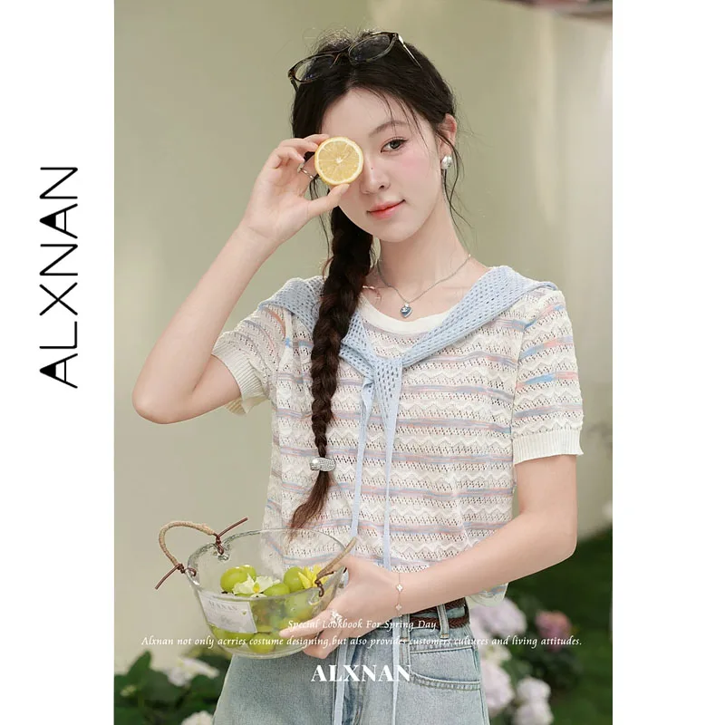 

ALXNAN Women's T-shirt Summer Hollow-out Light Blue Striped Knit Top French Style Short Sleeve T-shirts with Free Shawl L65655A