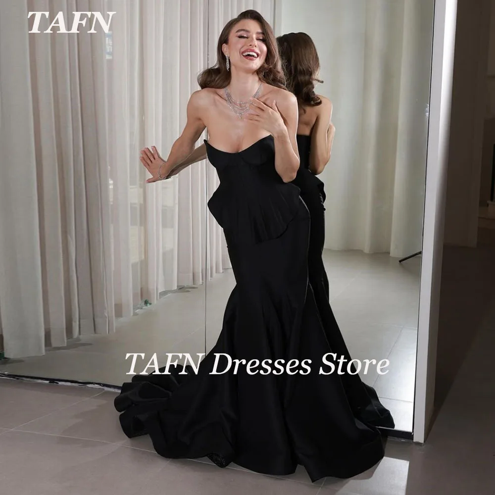 

TAFN Formal Evening Dresses for Women Court Train Strapless Black Mermaid Prom Party Gown vestidos de fiesta