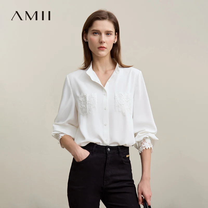 

Amii Women's Blouse 2026 Spring New Elegant Commuter Stand-up Collar Chiffon Shirt Lace Pocket Women's Solid Loose Top 12641124