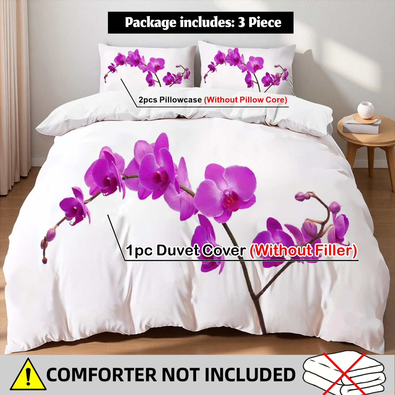 Orchid Flower Bedding Set Purple White Botanical Duvet Cover Set With Pillowcases For Nature Lovers Bedroom Twin Queen King Size