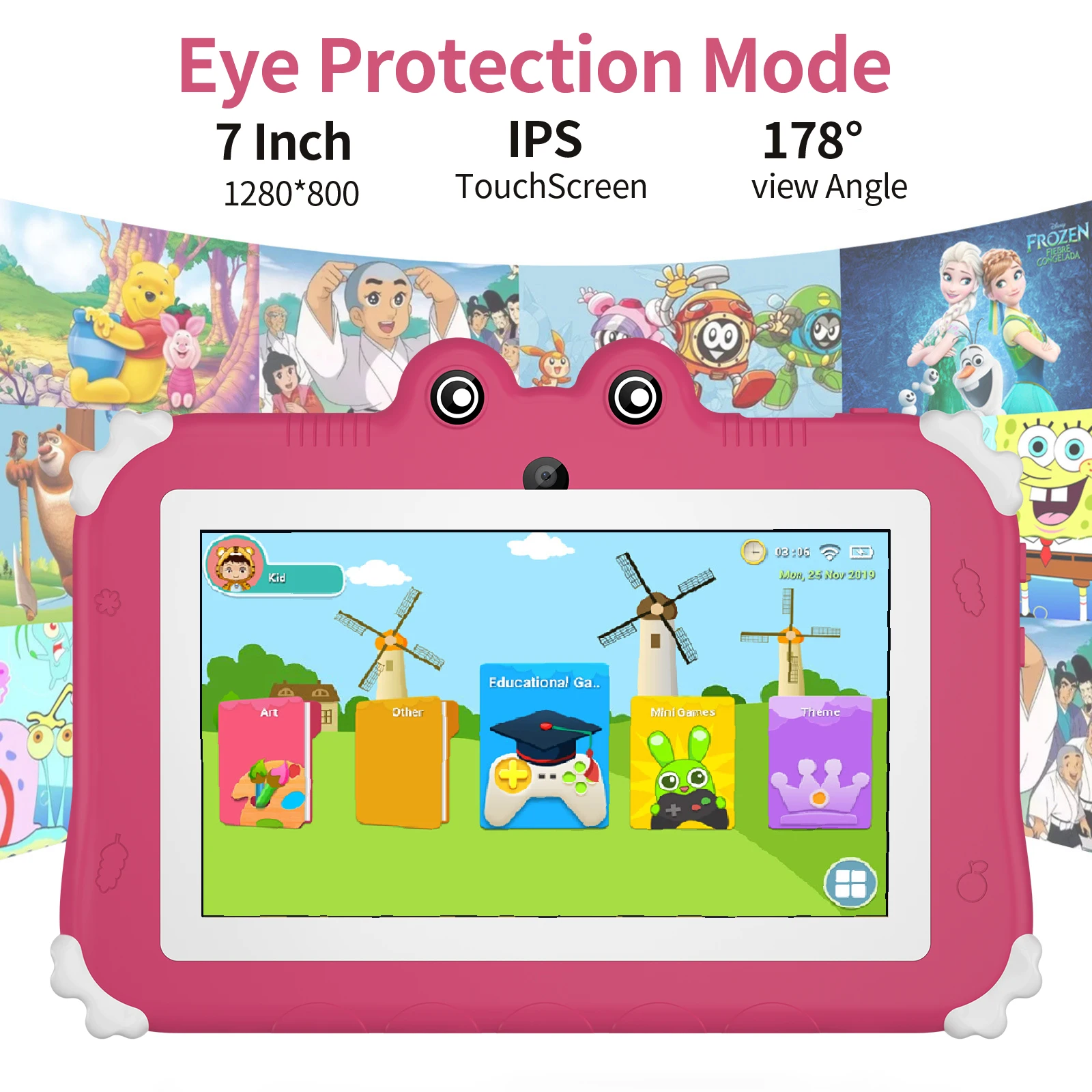 Q50 Tablet anak, 7 inci Quad Core Android 9.0 4GB + 64GB WiFi Bluetooth pendidikan perangkat lunak diinstal