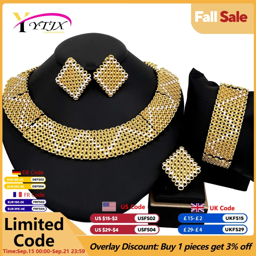 

YTJX Exaggerate Large Jewelry Set Africal Gold Plated Choker Necklace Geometry Bracelet Chic Earring Ring For Women Wedding Gift