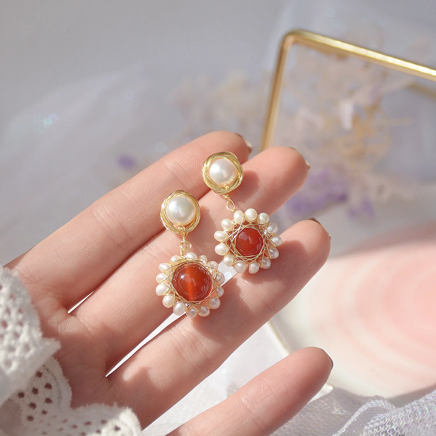 Korean new design fashion jewelry 14K gold plated hand-wound freshwater pearl earrings elegant women's daily work accessories