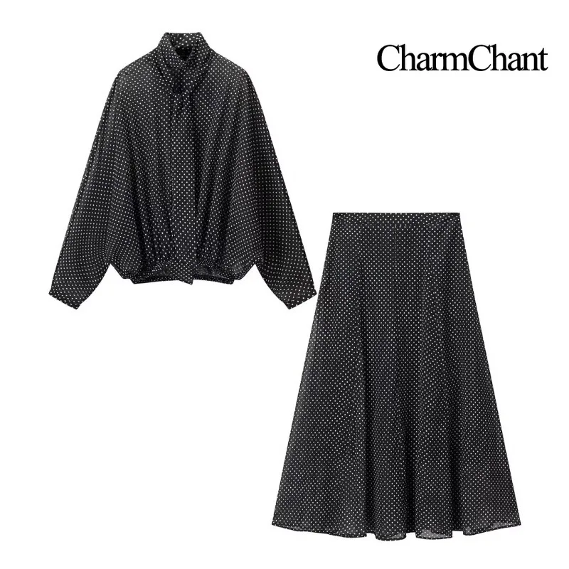 CharmChant Women's Sheer Polka Dot Chiffon Oversized Shirt & Maxi Skirt 2 Piece Set Spring 2026 Retro Elegant Chic Party Outfits