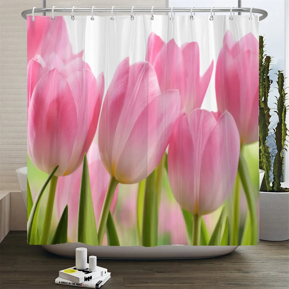 Floral Tulip Printing Flower Shower Curtain Waterproof Polyester Fabric Bathroom Curtain With Hooks 180x180cm Decorative Curtain