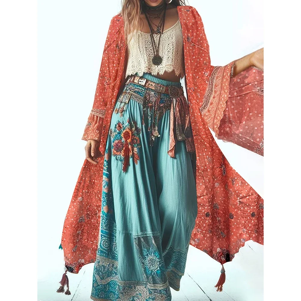 Women’s Boho Long Sleeve Cardigans Chiffon Bohemian Printed Puff Sleeves Summer Fit Mid-Length Vintage Sunscreen Female Outwears
