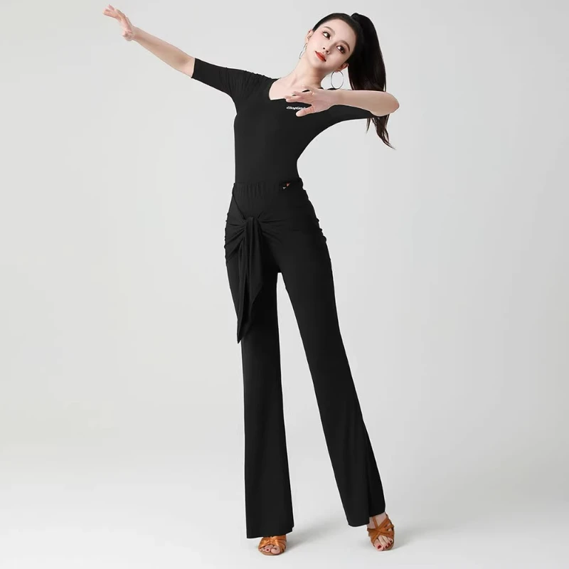 بنطلون رقص لاتيني جديد للخريف للنساء - بنطال طويل أسود عالي الخصر للرقص الحديث والرقص المربع والرقص في قاعة الرقص