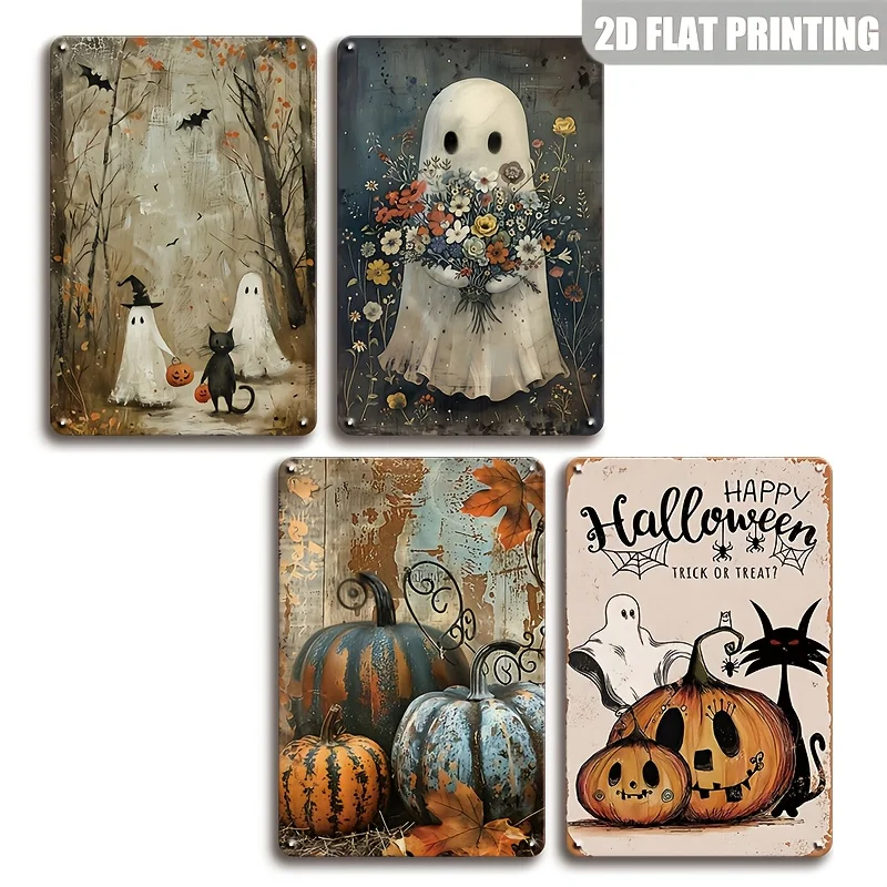 2D Flat,4pcs Vintage Metal Tin Signs Suitable for - Retro Pumpkin & Witch Wall Decor,Heavy-Duty /Outdoor Vertical Hanging Sheets