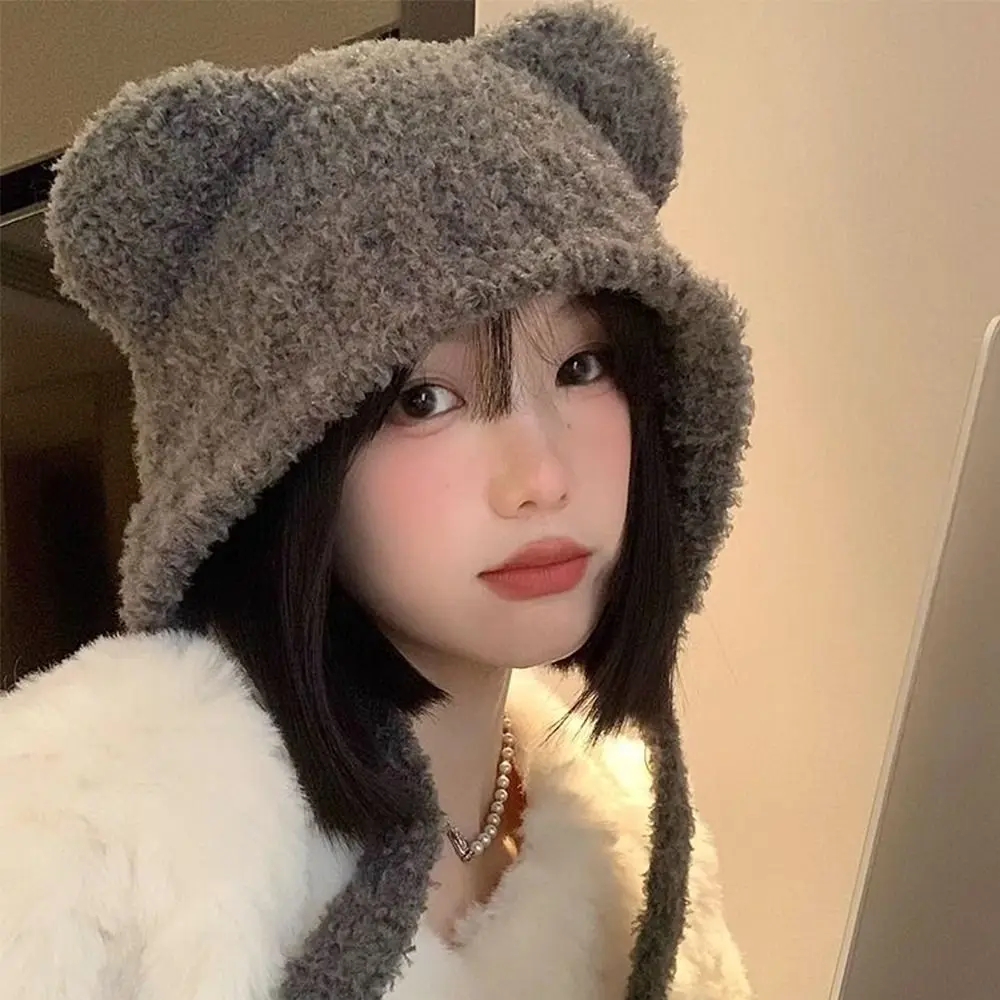 

Fashion Cute Bear Ears Winter Hat Velvet Lining Ear Protection Bucket Hat Woolen Cold-proof Windproof Cap for Women