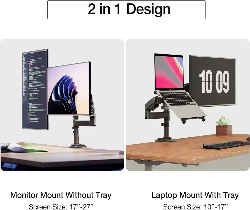 Suporte para laptop combinado 2 em 1 de braço duplo com bandeja ajustável para notebook de 10-17 '' com placa VESA para monitor de 17-27'' H180-FP
