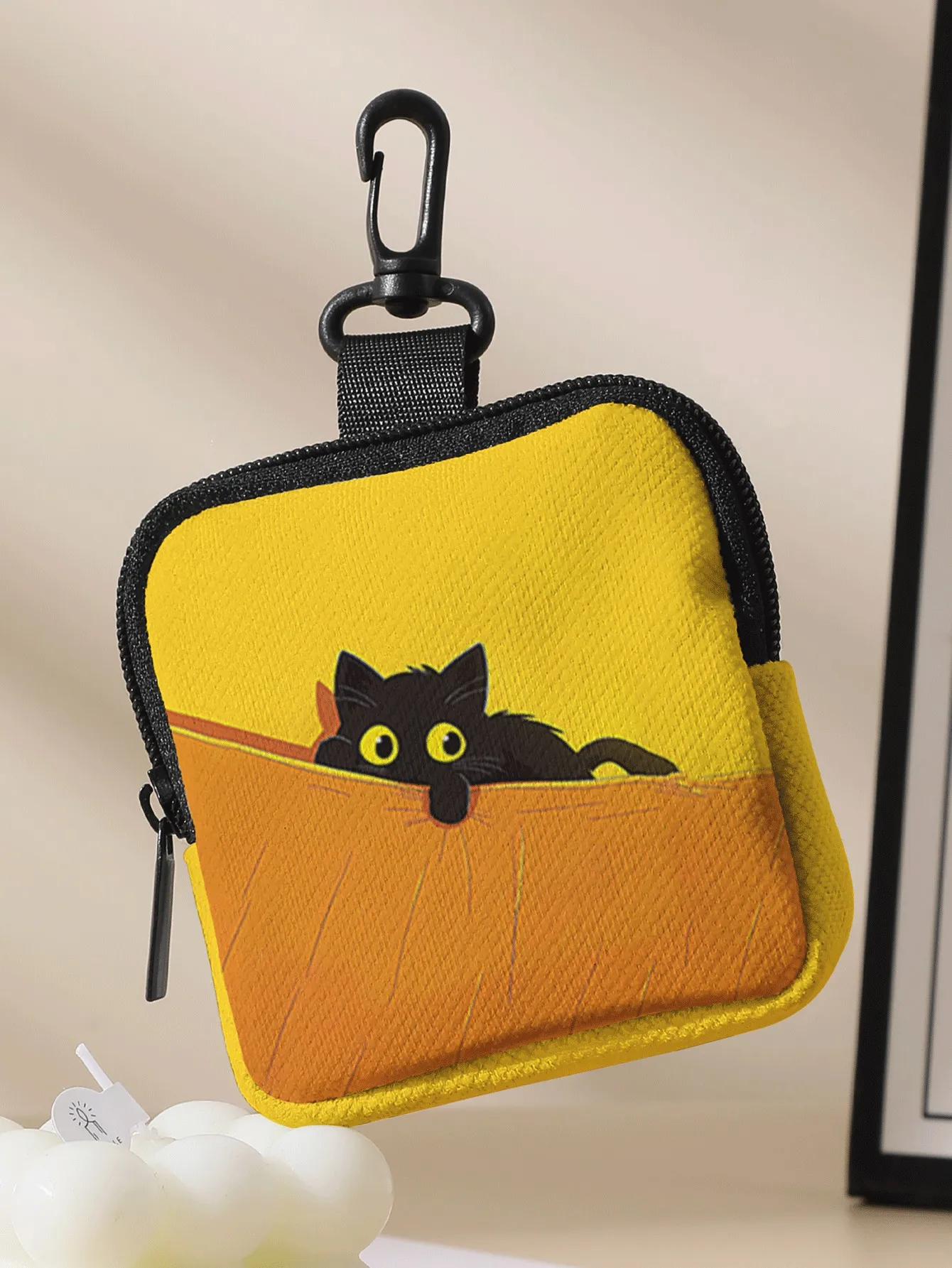 1pc, Portable coin purse with black cat patterns, small storage bag for coins and accessories