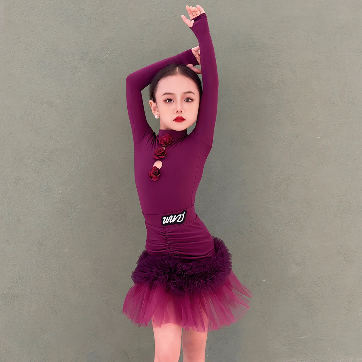 Kids Latin Dance Clothes 2025 Autumn Winter Latin Dance Practice Girls Long Sleeves Dress Split Suit Cha Cha Dance Wear