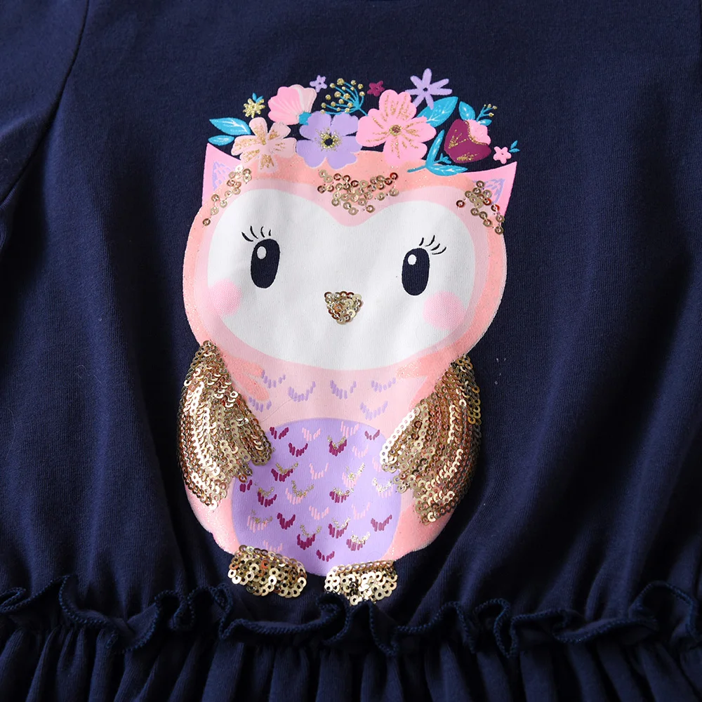 DXTON Children Cotton Dress Winter Long Sleeve Owl Animal Cartoon Dress For Girls Patchwork Star Print Kids Casual Clothing 3-8Y