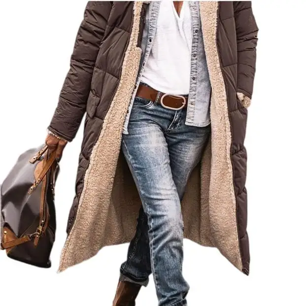 

Long Hooded Cotton Jaet Double-Sided Cardigan Women's Winter Faion Pure Color Insert oulder Sve Mid-Length Coat
