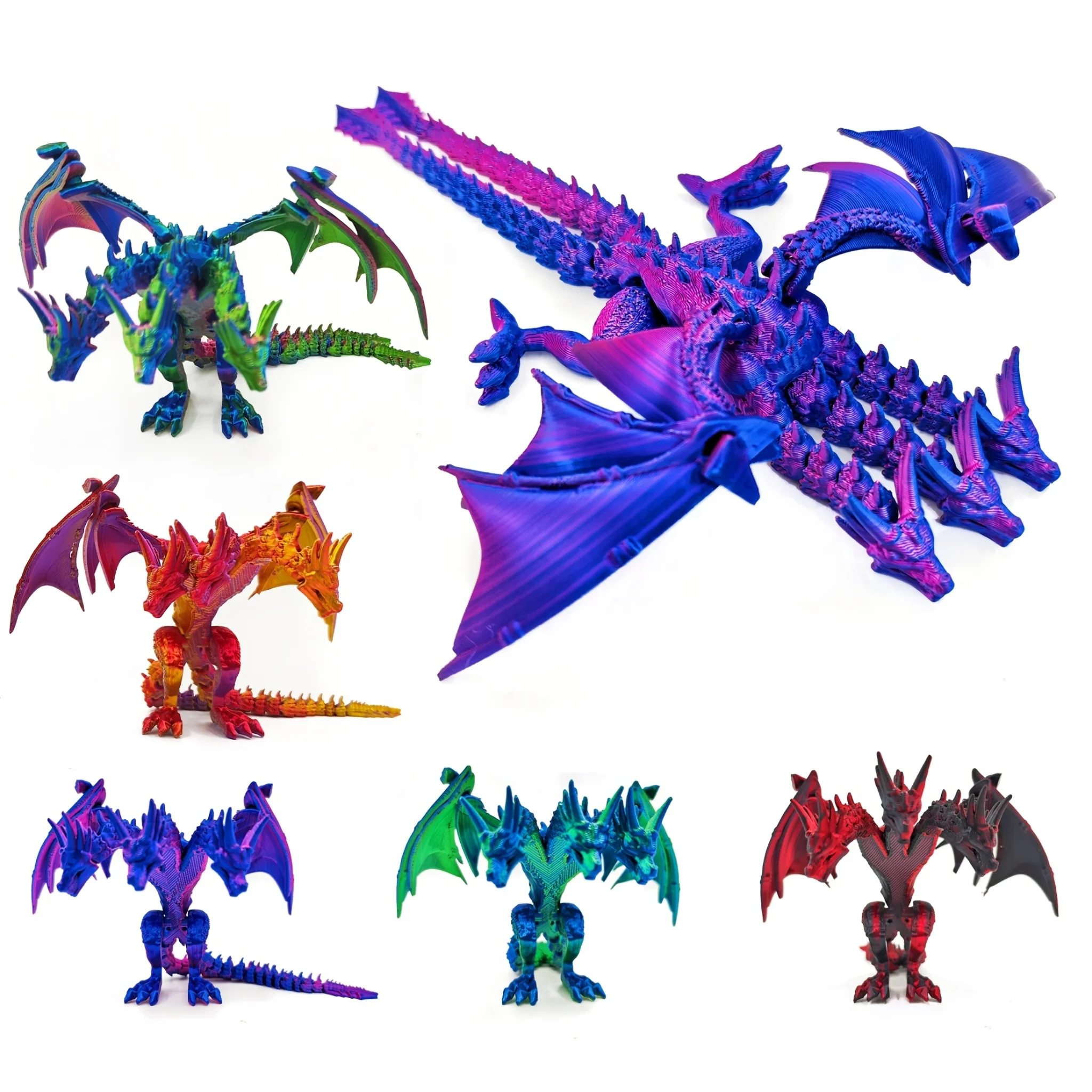 3D Printed Multicolour Gradient Three-Headed Dragon, A Cool Statue with Movable Joints and Wings, Suitable as a Halloween Gift