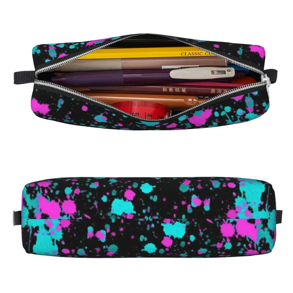 Modern Neon Paint Pencil Case Pink and Aqua Splatter Boys Retro Pencil Box Back To School Pencil Cases Stationery Organizer Gift